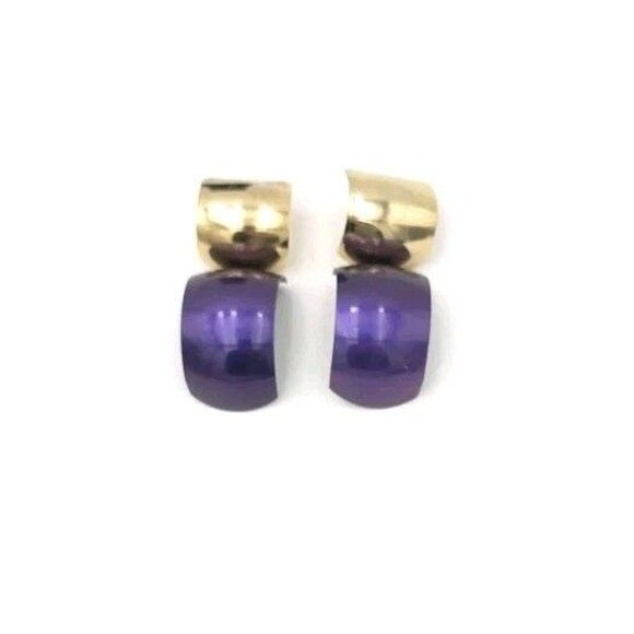 Vintage Large Metal Dangle Purple Gold Statement Earrings 80s 2.5" - Picture 2 of 7